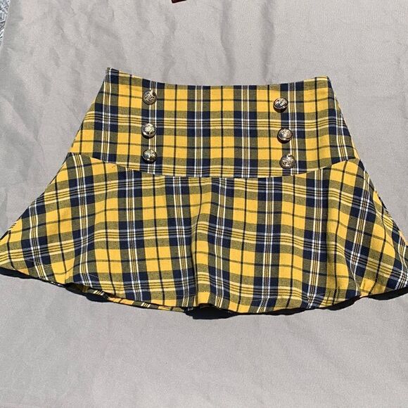 Yellow & Black Plaid Micro Mini peplum mini Skirt XS/S‎ - Picture 1 of 6